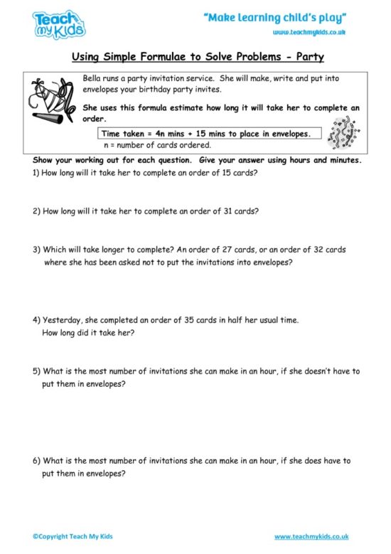 Worksheets for kids - using_simple_formulae_to_solve_problems_-_party